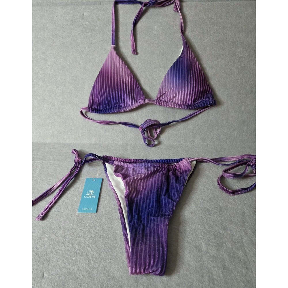 CUPSHE Ribbed Ombre Purple Sz L Triangle String Bikini Set NWT